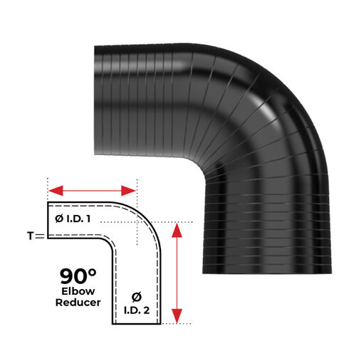 Redback Silicone Hose (2-1/4" in, 2-1/2" out) 90° Bend Reducer (Black)