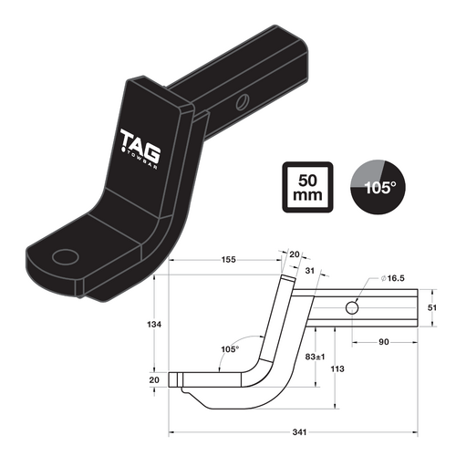 TAG Tow Ball Mount - 219mm Long, 105° Face, 50mm Square Hitch