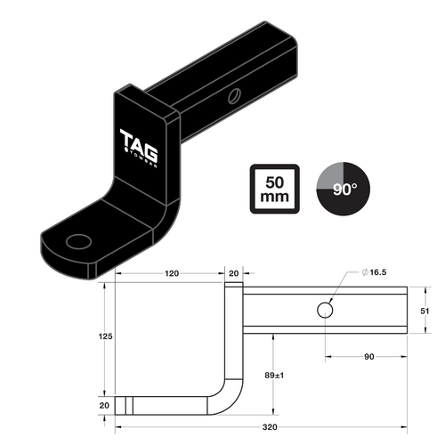 TAG Tow Ball Mount - 198mm Long, 90° Face, 50mm Square Hitch