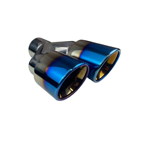 Dual 4" Y Piece Exhaust Tip Left Hand Titanium Blue Finish 3" Inlet