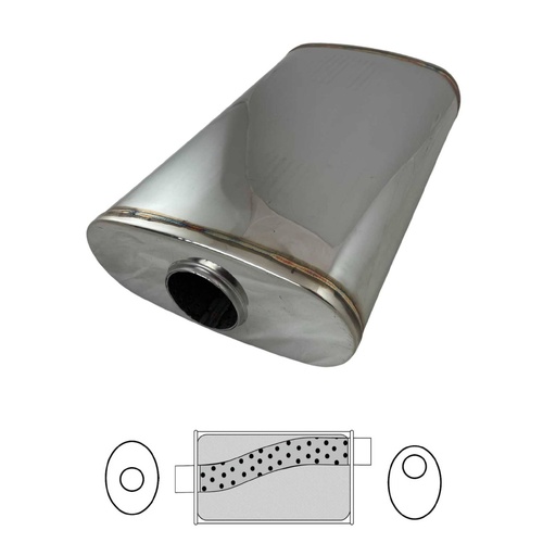 2 1/4" Megaflow Muffler in 304 Stainless Steel - 9 x 4" Oval, 14" Long, Offset/Centre