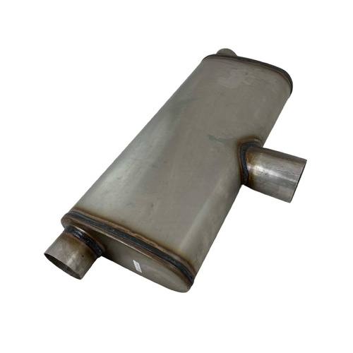 Single 2.5" In, Twin 2.5" Out Mega Flow 409 Stainless Centre in twin out east west Muffler 20" Long