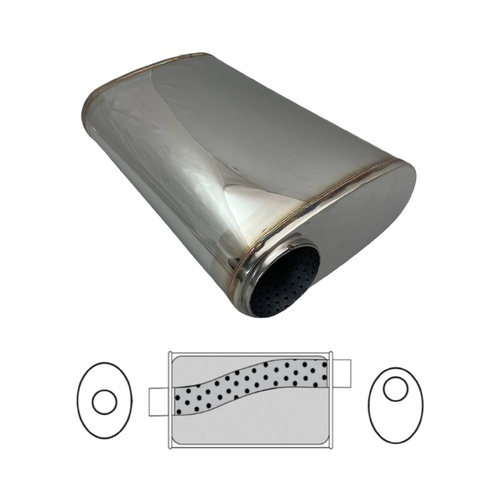 3" Stainless Steel Polished Performance Exhaust Muffler - 9 x 4" Oval, 14" Long, Offset/Centre