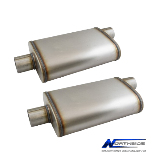 Two 3" Inch 409 Stainless Steel Offset-Centre Oval Performance Sports Car Mufflers