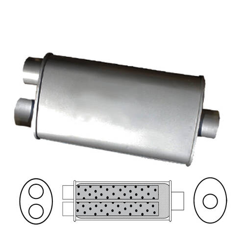 9" x 6" Oval, 14" Long, Single 2 1/2" In - Twin 2 3/8" Out, Mild